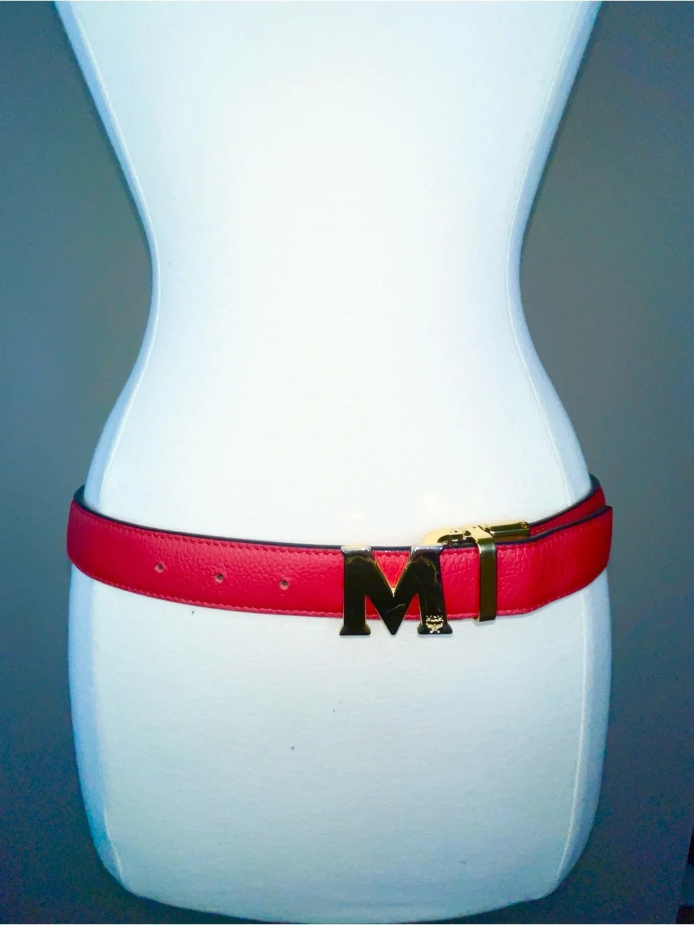 MCM reversible Cognac Monogram & red Leather Belt with Gold M Buckle